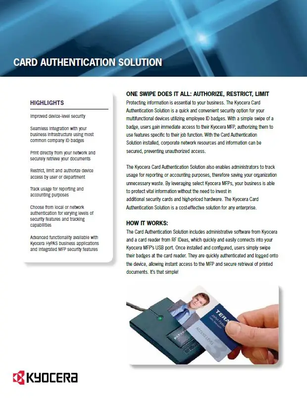 Kyocera, Software, Cost Control, Security Card Authentication, Resource Data Systems