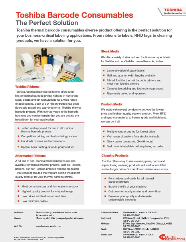 barcode printer, supplies, Toshiba, thermal, toner, Resource Data Systems