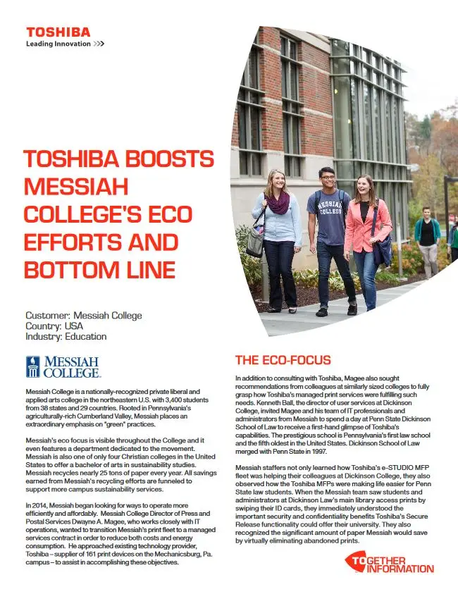 Messiah College, Eco Efforts, Industry Solutions, Vertical Markets, Toshiba, Resource Data Systems