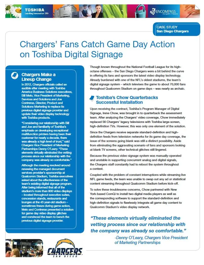 San Diego Chargers, Digital Signage, Toshiba, Resource Data Systems